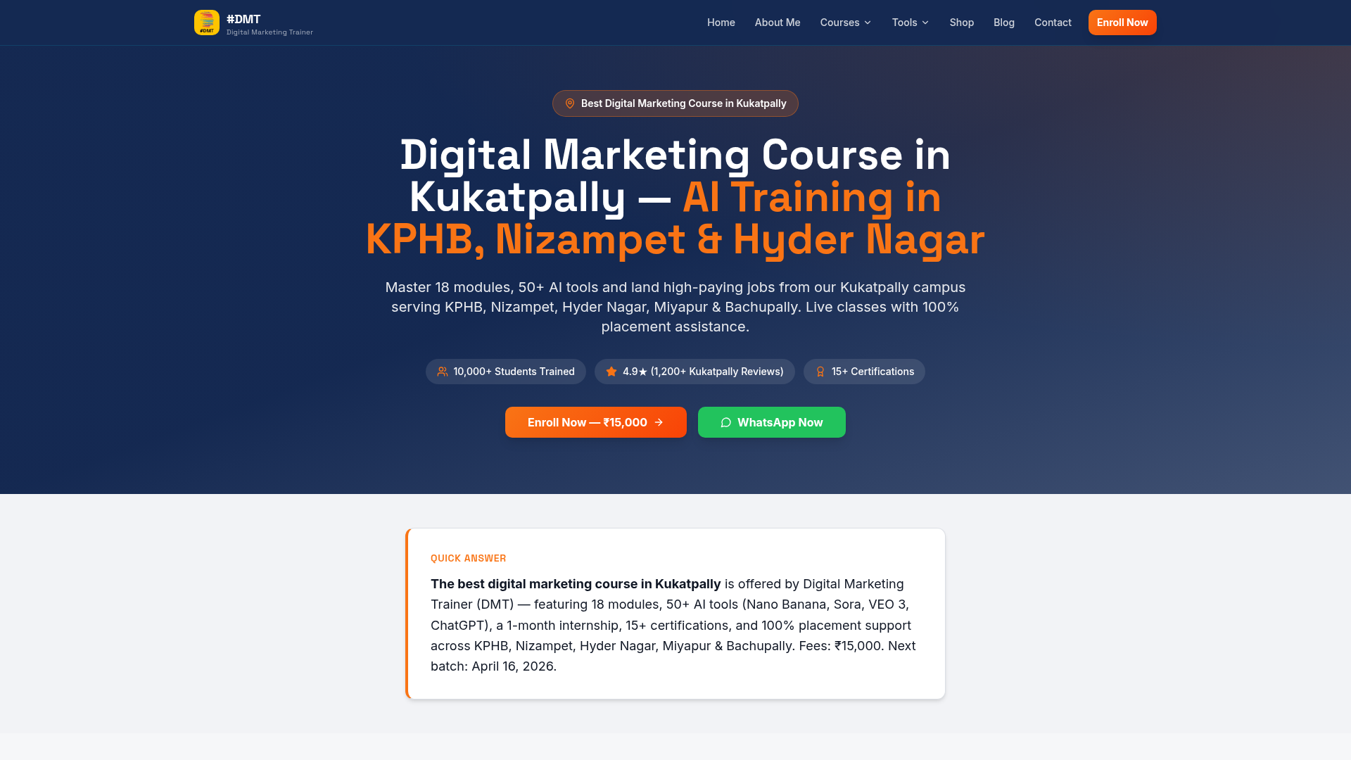 Locality landing page ranking #1 for 'digital marketing course in kukatpally'.